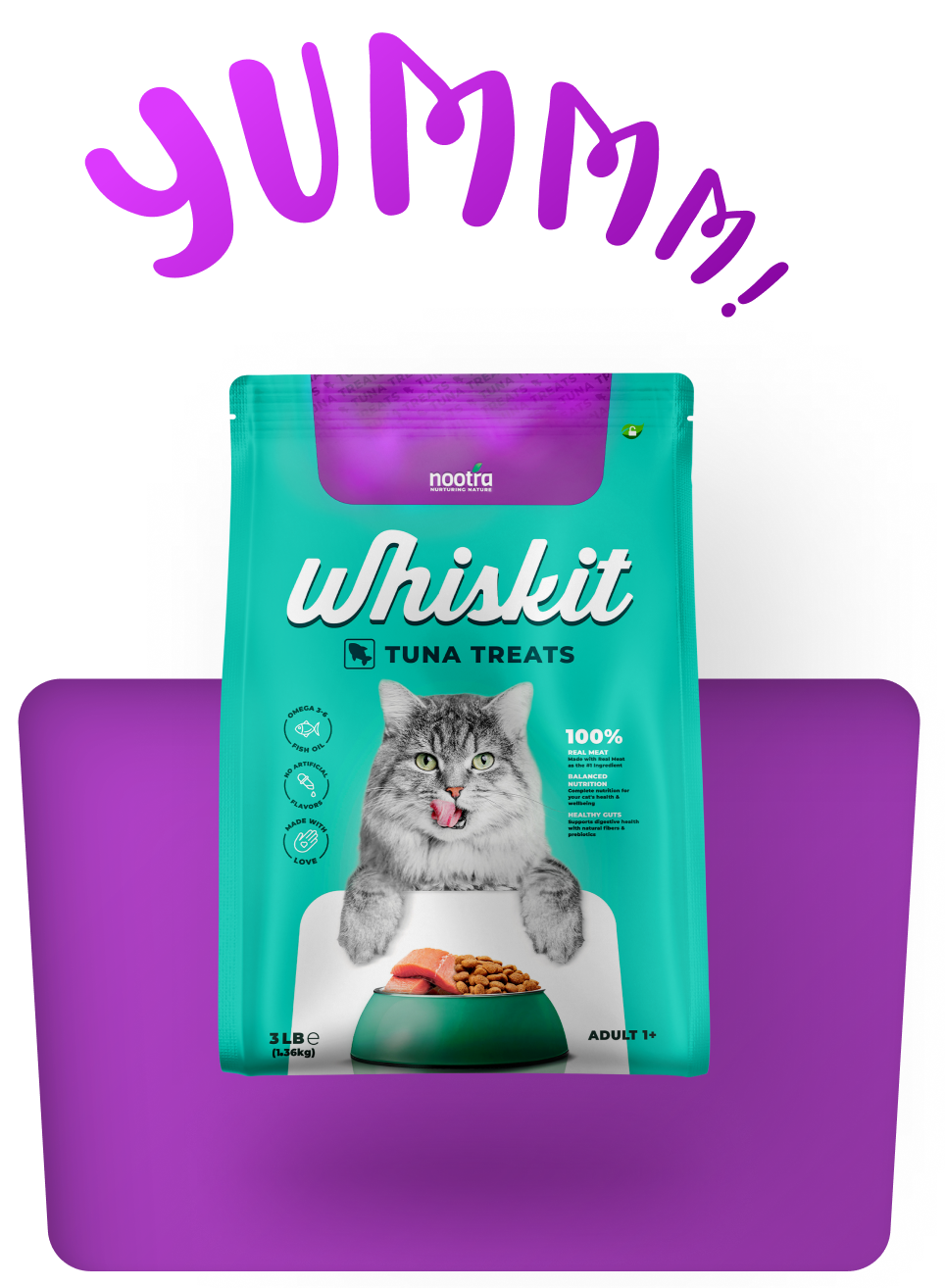 Whiskit Tuna Treats cat food packaging featuring a cat licking its lips. The package is blue and green with a picture of a cat and a bowl of food. It says "100% Real Meat" and "Balanced Nutrition". The weight is 3 lbs (1.36 kg) and is intended for adult cats 1+.