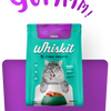 Whiskit Tuna Treats cat food packaging featuring a cat licking its lips. The package is blue and green with a picture of a cat and a bowl of food. It says 