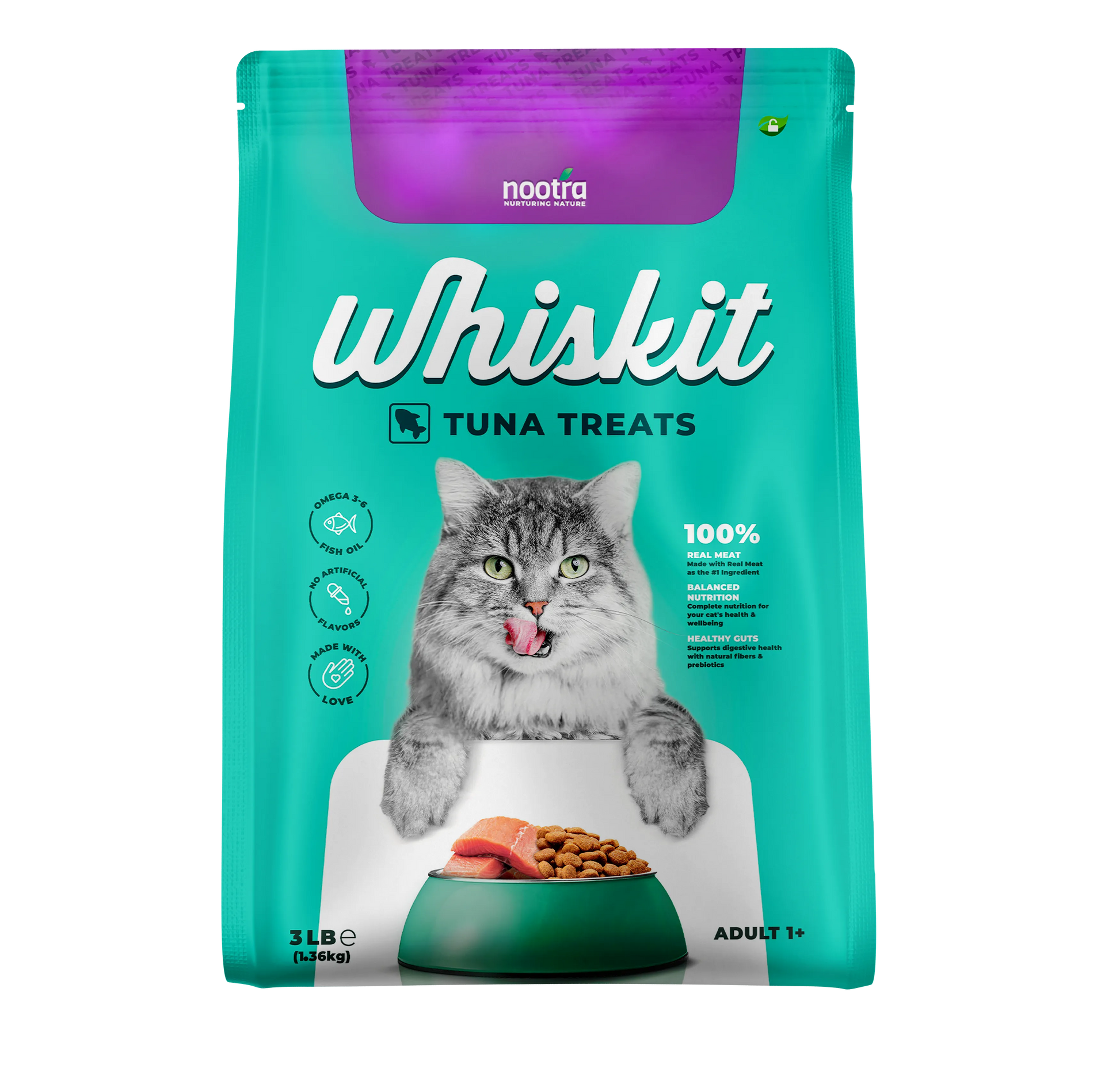 Whiskit Tuna Treats cat food packaging featuring a cat licking its lips. The package is blue and green with a picture of a cat and a bowl of food. It highlights 100% real meat, omega-3 fatty acids, and balanced nutrition. The weight is 3 lbs (1.36 kg) and is intended for adult cats 1+.