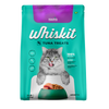 Whiskit Tuna Treats cat food packaging featuring a cat licking its lips. The package is blue and green with a picture of a cat and a bowl of food. It highlights 100% real meat, omega-3 fatty acids, and balanced nutrition. The weight is 3 lbs (1.36 kg) and is intended for adult cats 1+.