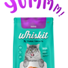 Whiskit Tuna Treats cat food packaging featuring a cat licking its lips. The package is blue and green with a picture of a cat and a bowl of food. It says 